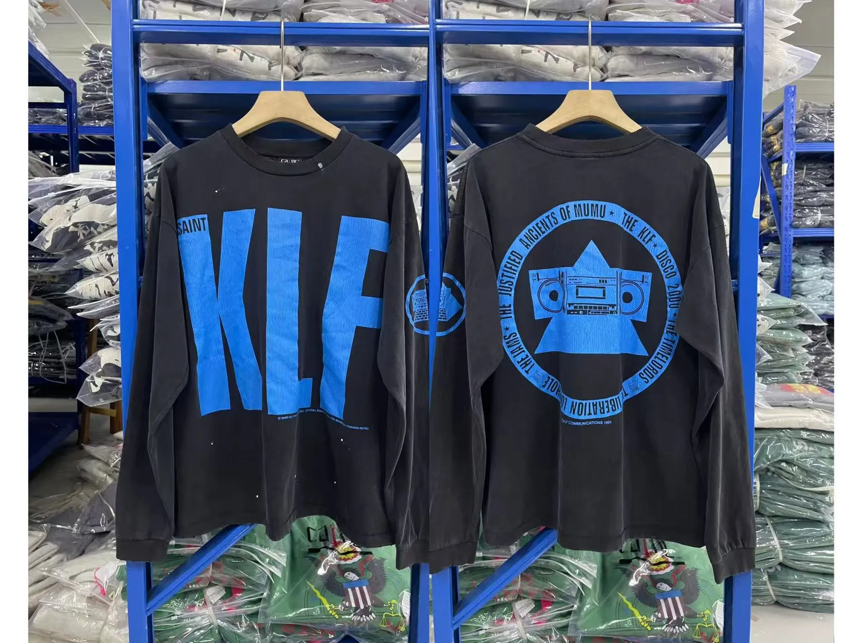 Spot ST441 model black and blue P170 Saint Michael 25SS "klf exhibition limited" washed and aged long-sleeved T-shirt size S-M-L-XL